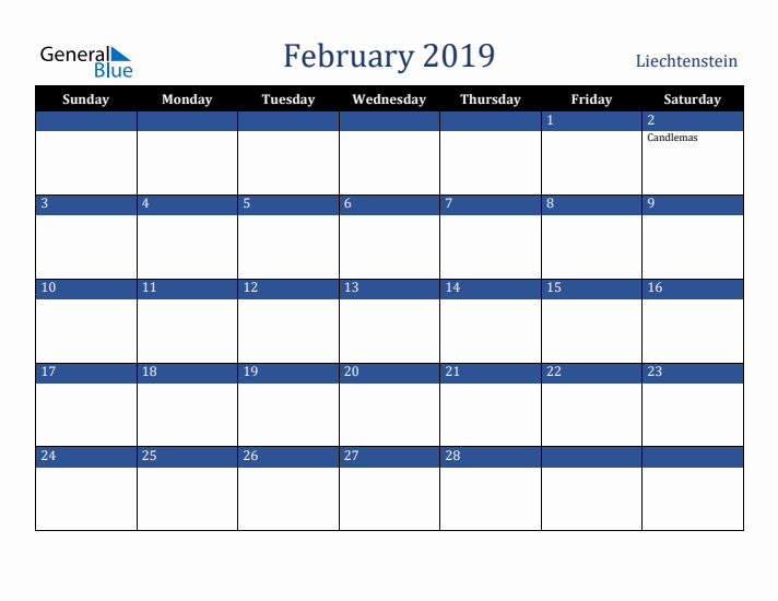 February 2019 Liechtenstein Calendar (Sunday Start)