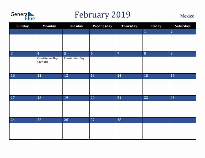 February 2019 Mexico Calendar (Sunday Start)