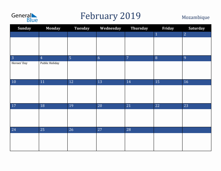 February 2019 Mozambique Calendar (Sunday Start)