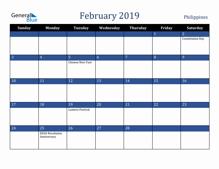 February 2019 Philippines Calendar (Sunday Start)