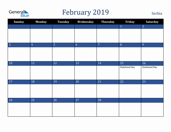 February 2019 Serbia Calendar (Sunday Start)