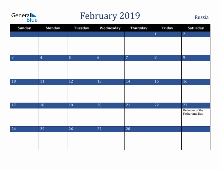 February 2019 Russia Calendar (Sunday Start)