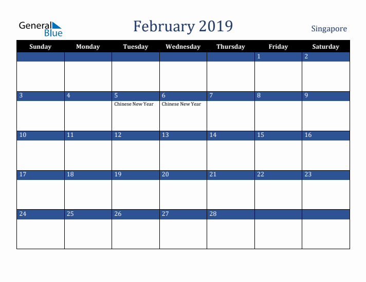 February 2019 Singapore Calendar (Sunday Start)