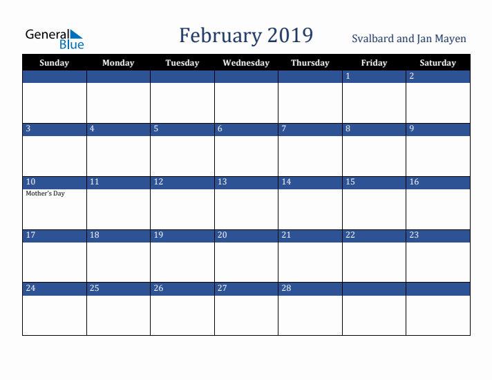 February 2019 Svalbard and Jan Mayen Calendar (Sunday Start)