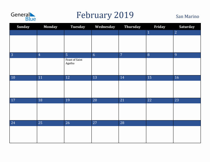 February 2019 San Marino Calendar (Sunday Start)