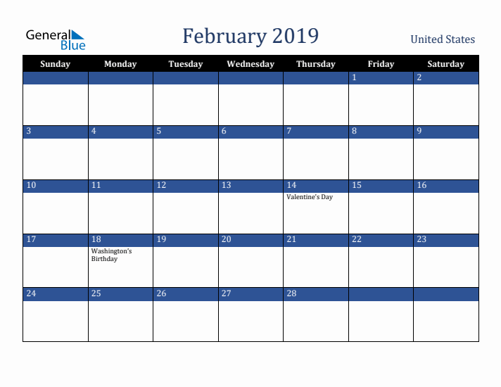 February 2019 United States Calendar (Sunday Start)
