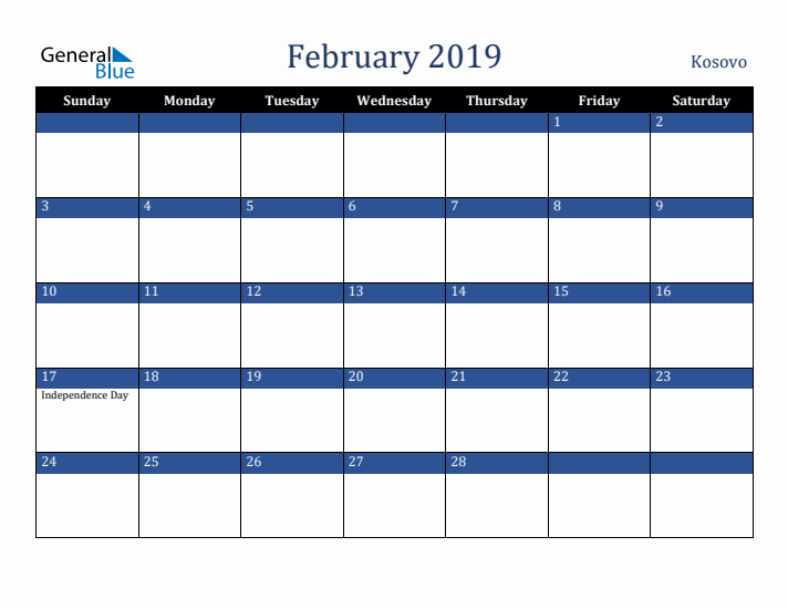 February 2019 Kosovo Calendar (Sunday Start)