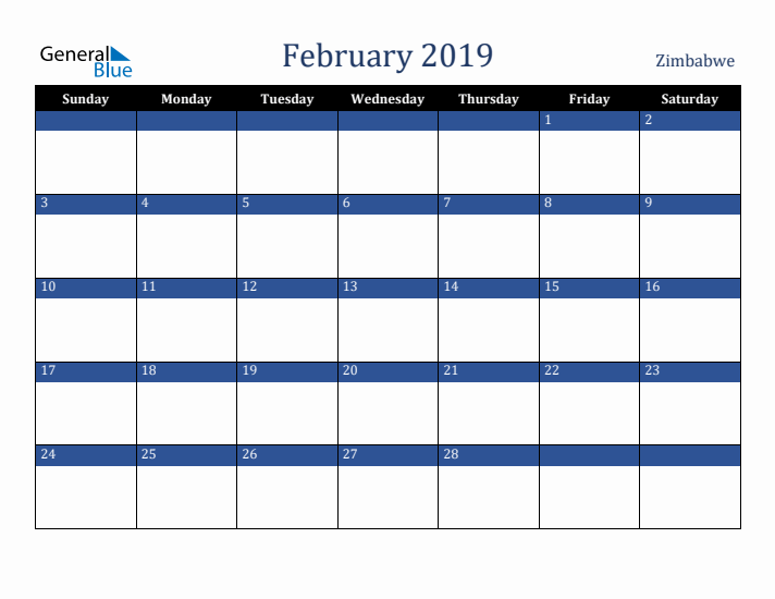 February 2019 Zimbabwe Calendar (Sunday Start)