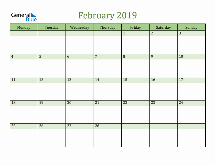 February 2019 Calendar with Monday Start