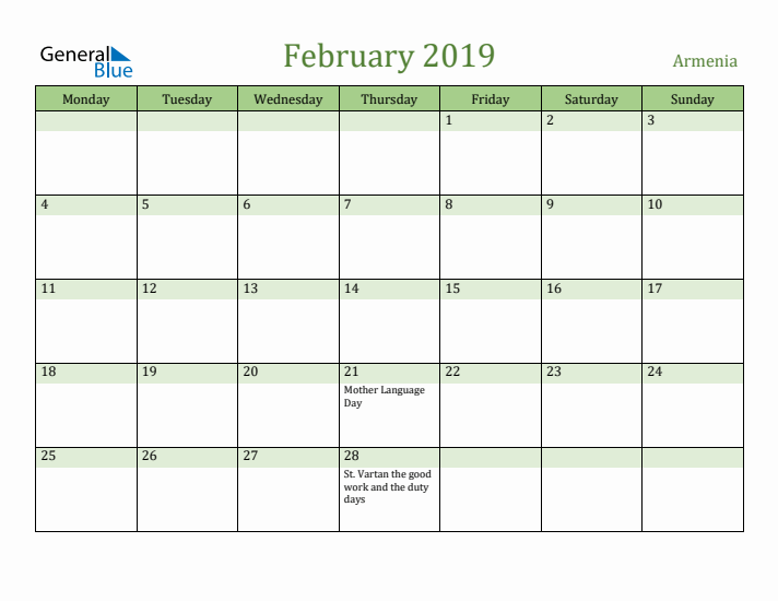 February 2019 Calendar with Armenia Holidays