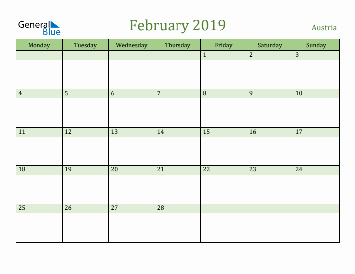 February 2019 Calendar with Austria Holidays
