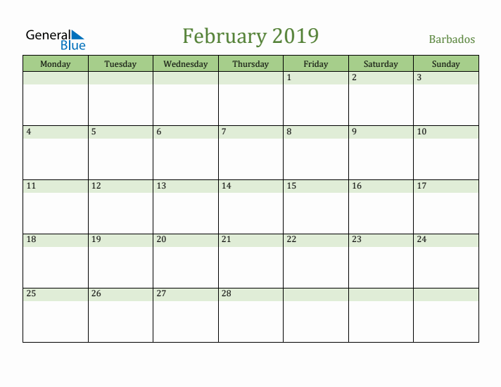 February 2019 Calendar with Barbados Holidays