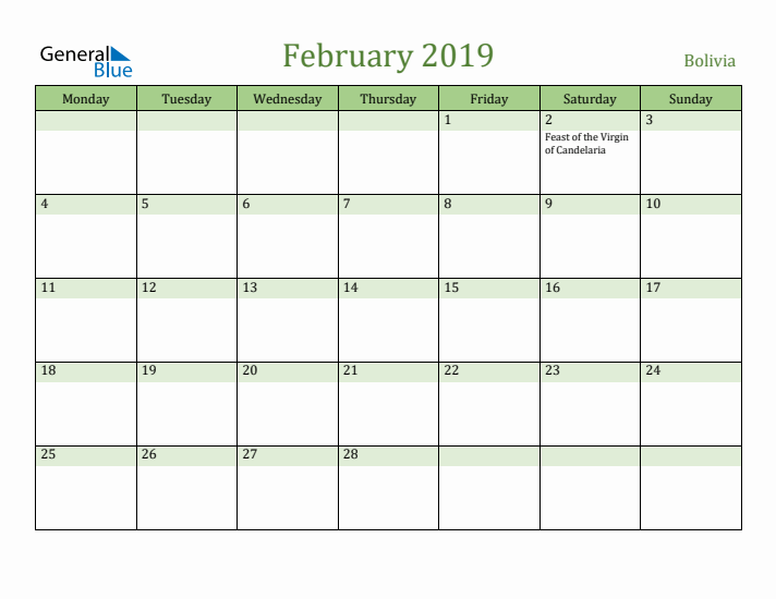 February 2019 Calendar with Bolivia Holidays