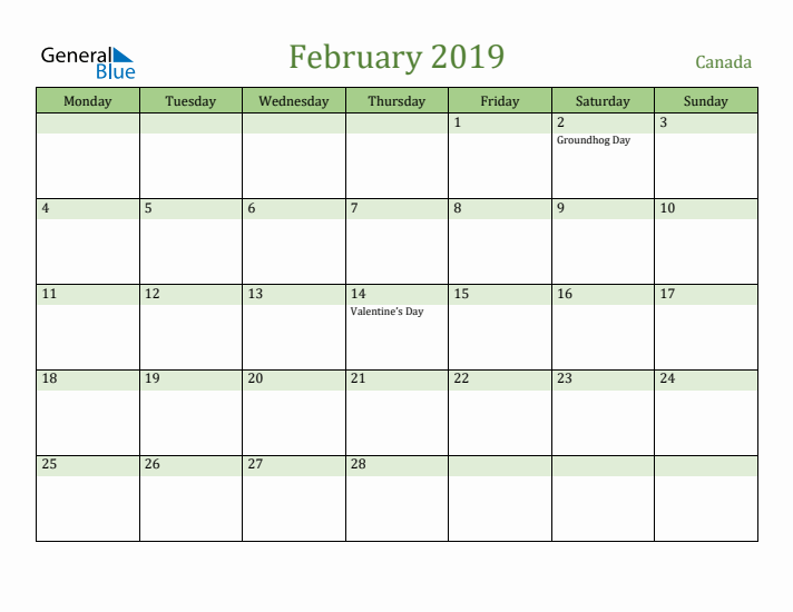 February 2019 Calendar with Canada Holidays