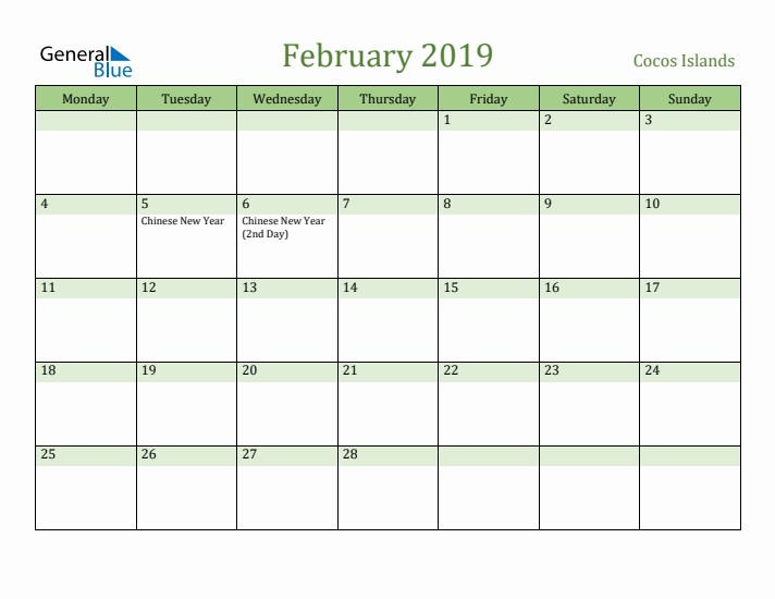 February 2019 Calendar with Cocos Islands Holidays
