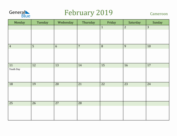 February 2019 Calendar with Cameroon Holidays