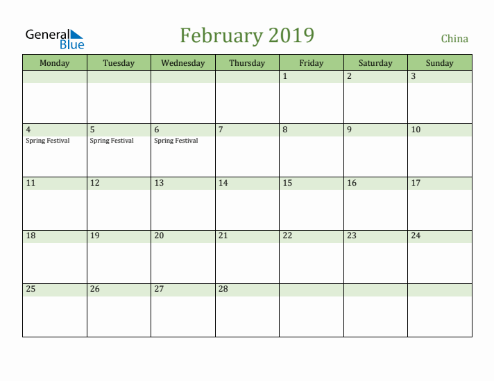 February 2019 Calendar with China Holidays