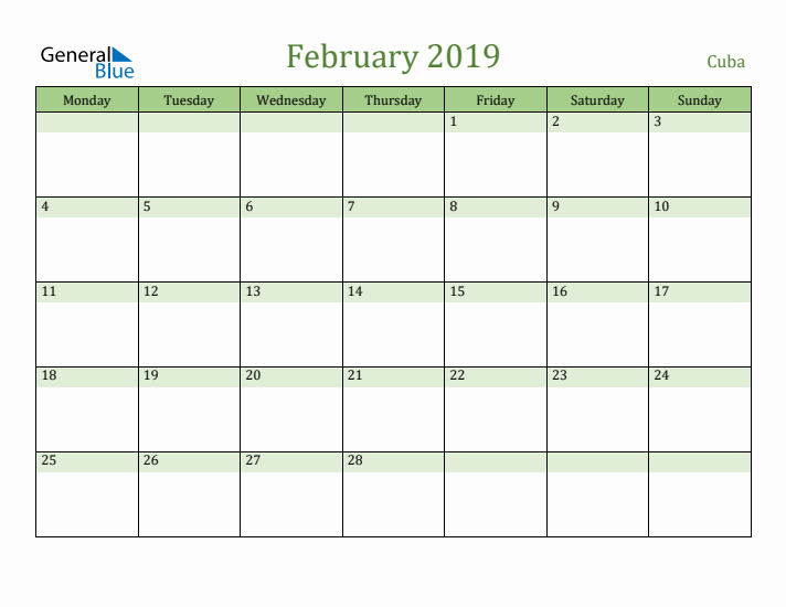 February 2019 Calendar with Cuba Holidays