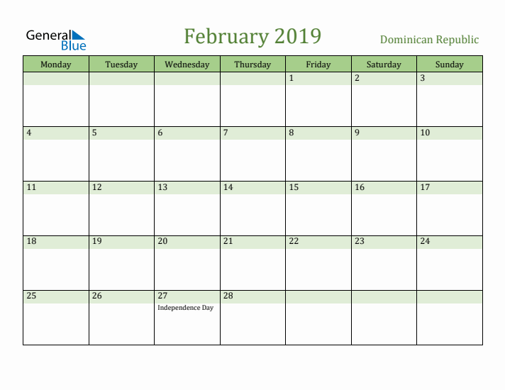 February 2019 Calendar with Dominican Republic Holidays