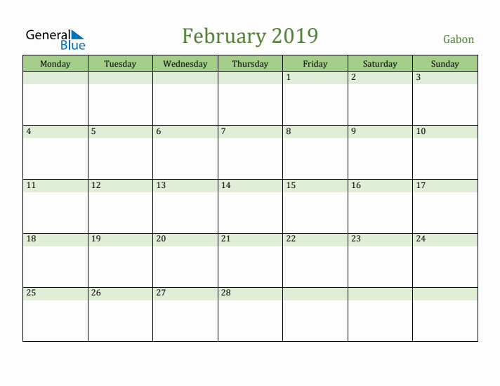 February 2019 Calendar with Gabon Holidays