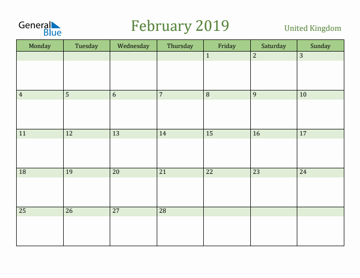 February 2019 Calendar with United Kingdom Holidays
