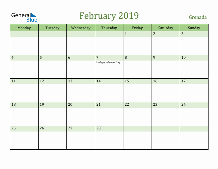 February 2019 Calendar with Grenada Holidays