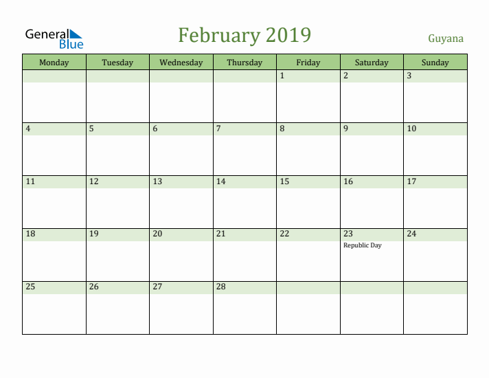 February 2019 Calendar with Guyana Holidays