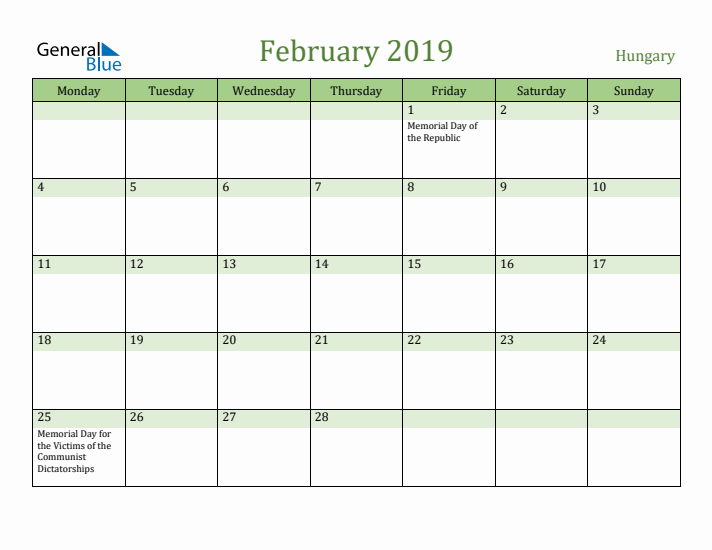 February 2019 Calendar with Hungary Holidays