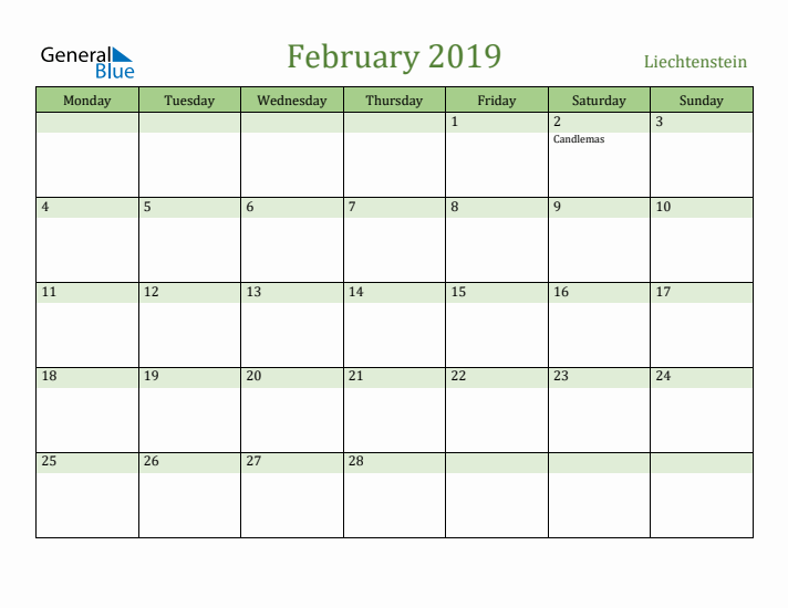 February 2019 Calendar with Liechtenstein Holidays