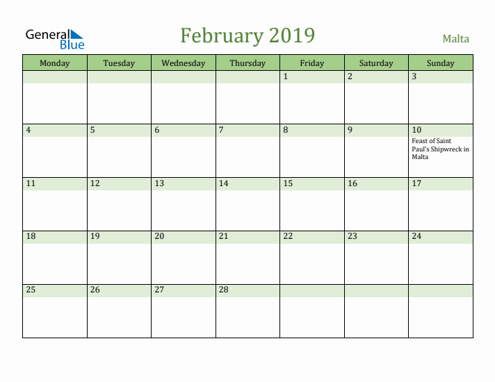 February 2019 Calendar with Malta Holidays