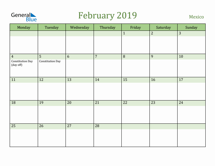 February 2019 Calendar with Mexico Holidays