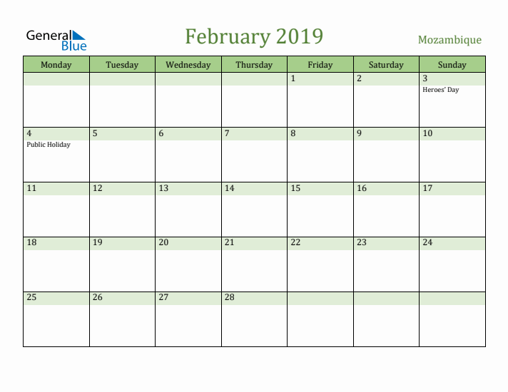 February 2019 Calendar with Mozambique Holidays