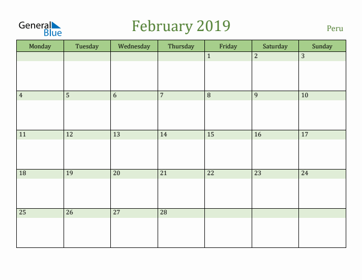 February 2019 Calendar with Peru Holidays