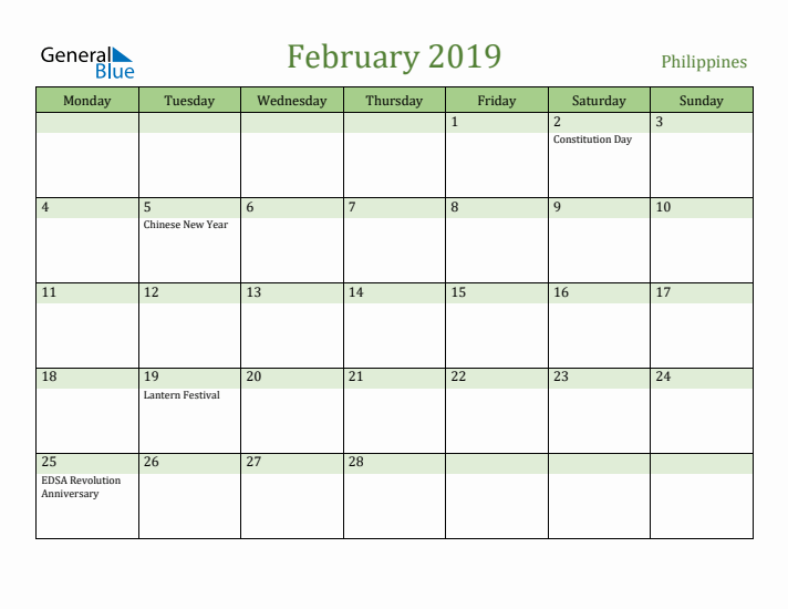 February 2019 Calendar with Philippines Holidays