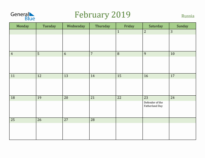 February 2019 Calendar with Russia Holidays
