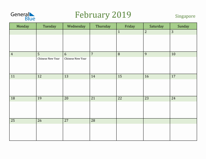 February 2019 Calendar with Singapore Holidays