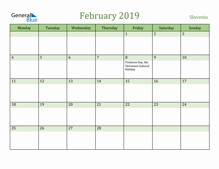 February 2019 Calendar with Slovenia Holidays
