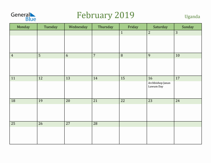 February 2019 Calendar with Uganda Holidays