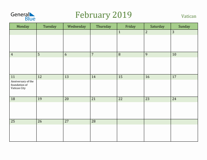 February 2019 Calendar with Vatican Holidays