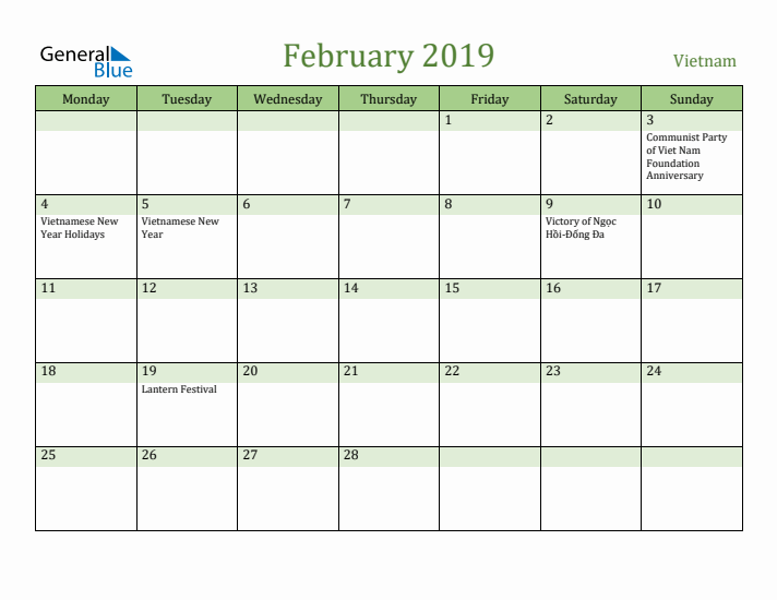 February 2019 Calendar with Vietnam Holidays