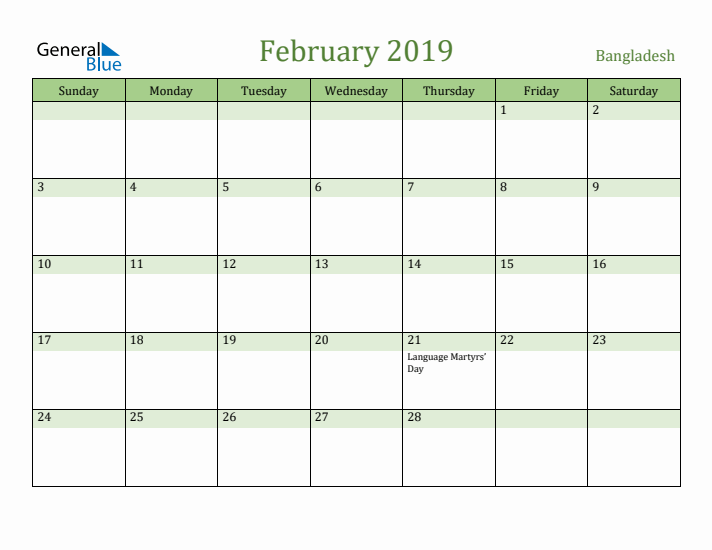 February 2019 Calendar with Bangladesh Holidays