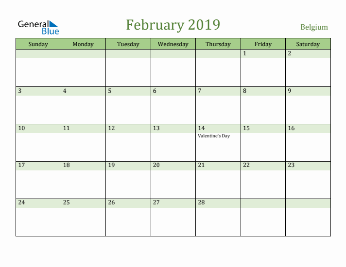 February 2019 Calendar with Belgium Holidays