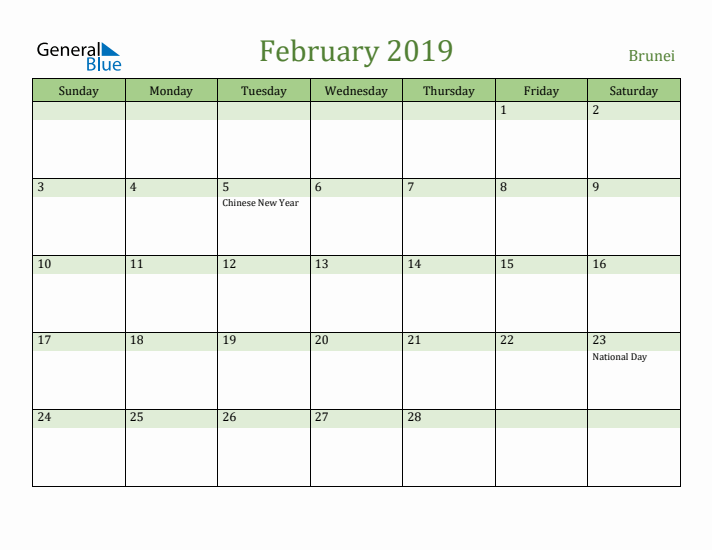 February 2019 Calendar with Brunei Holidays