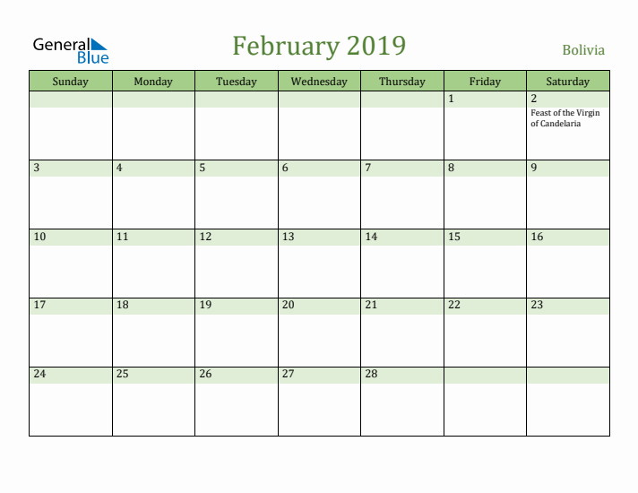 February 2019 Calendar with Bolivia Holidays