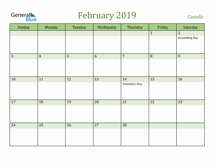 February 2019 Calendar with Canada Holidays