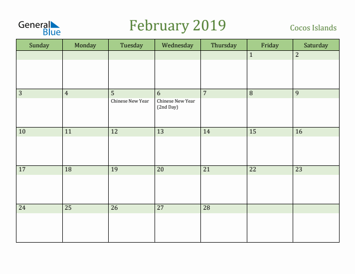 February 2019 Calendar with Cocos Islands Holidays