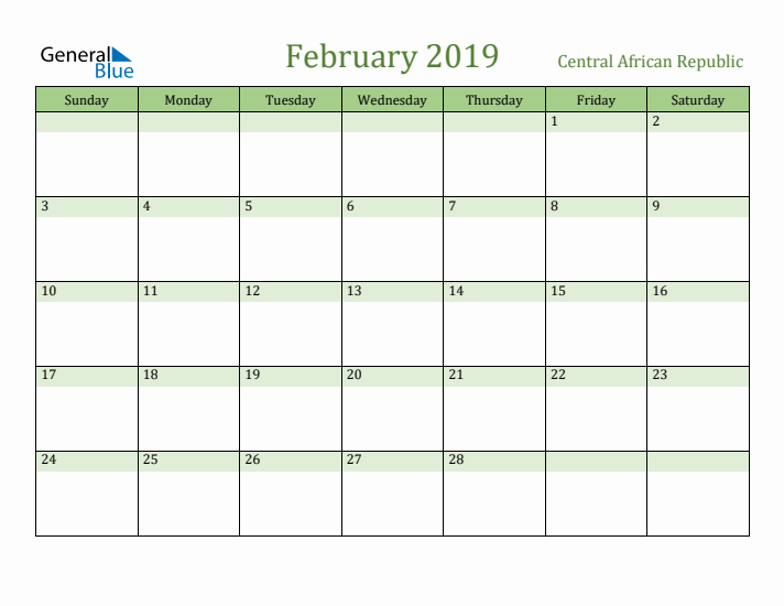 February 2019 Calendar with Central African Republic Holidays