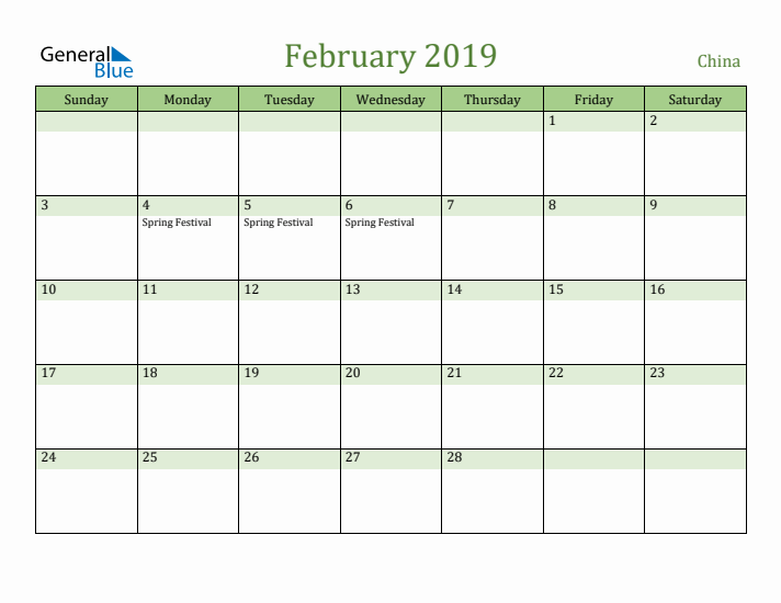 February 2019 Calendar with China Holidays
