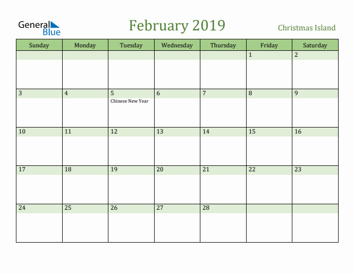 February 2019 Calendar with Christmas Island Holidays