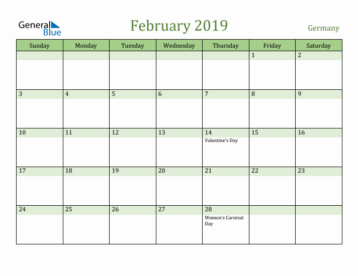 February 2019 Calendar with Germany Holidays